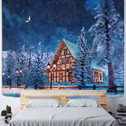 Decobites Christmas Village Wooden House Tapestry Ice and Snow Wall Hanging