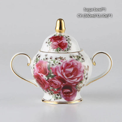 Juego de té DecorBites™ de porcelana fina: taza, platillo, jarra, azucarero, jarra, tetera