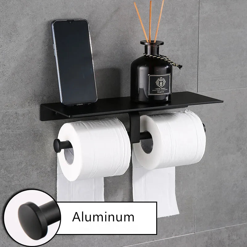 DecorBites™ Black Aluminum Toilet Paper Holder with Phone Shelf & Double Roll Tissue Boxes