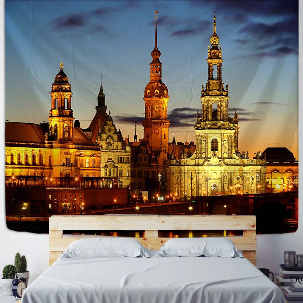 Decobites City Night Scene Tapestry with European London Style Wall Hanging