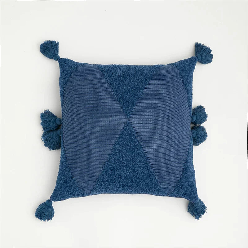 DecorBites™ Knitted Tassel Cushion Cover Blue Mustard Yellow Ivory 45cm*45cm Sok Case