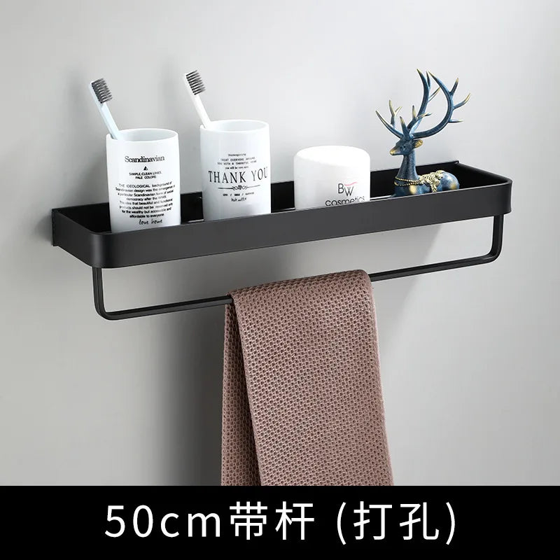 DecorBites™ Black Aluminum Bathroom Shower Shelf with Hook Bar and Shampoo Holder