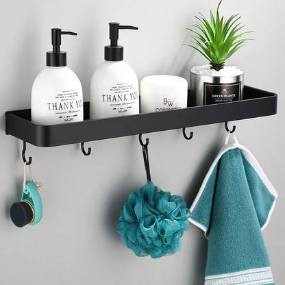 DecorBites™ Black Aluminum Bathroom Shower Shelf with Hook Bar and Shampoo Holder