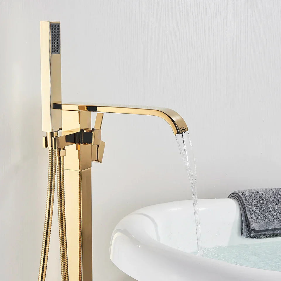 Juego de Grifos para Bañera de Oro Decorbites™ Mezclador de Ducha de Agua Caliente y Fría Grifo de Cascada Soporte de Suelo