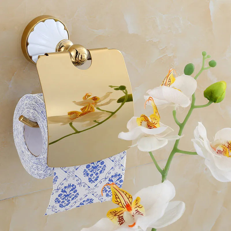 DecorBites™ Gold & White Bathroom Accessories Set: Corner Shelf, Paper Holder, Towel Holder, Toilet Brush Holder, Towel Rack