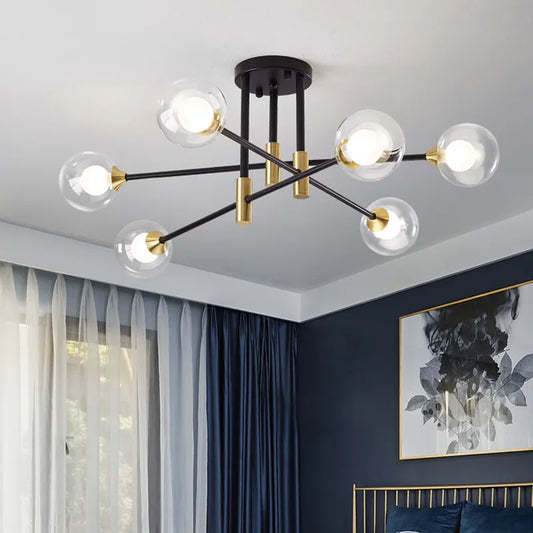 DecorBites™ Black & Gold LED Chandelier: Modern E27 Glass Ball Lamp for Home Lighting