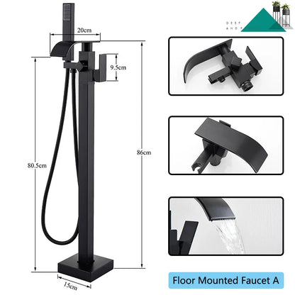 DecorBites™ Matte Black Waterfall Bathtub Shower Faucet, Floor Standing Hot Cold Mixer Tap