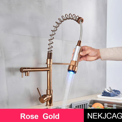 DecorBites™ LED Spring Kitchen Faucet: Dual Swivel Spout, Pull Down, Hot Cold Mixer Tap