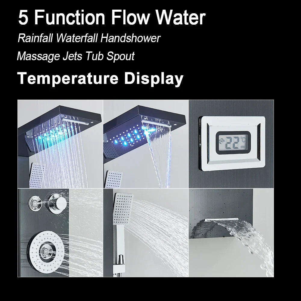 مجموعة دش مطري DecorBites™ أسود بإضاءة LED وشلال مع نفاثات تدليك