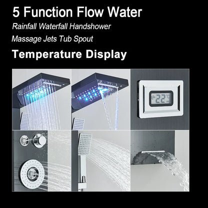 مجموعة دش مطري DecorBites™ أسود بإضاءة LED وشلال مع نفاثات تدليك