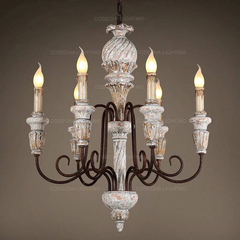 DecorBites™ Antique White Wooden Chandelier Elegant French Rustic Lighting
