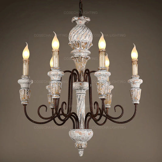 DecorBites™ Antique White Wooden Chandelier Elegant French Rustic Lighting