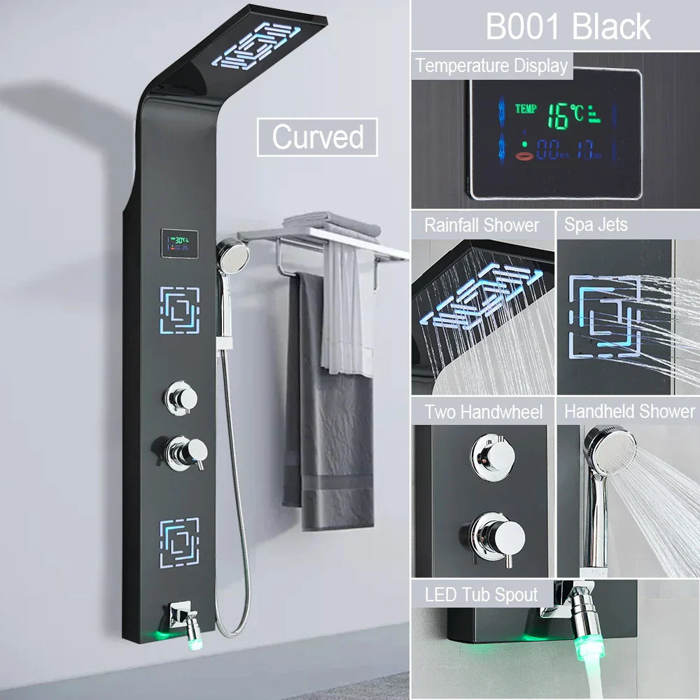 Sistema de grifería para ducha con luz LED DecorBites™: chorros de lluvia, chorros de masaje, panel de cascada con control de temperatura