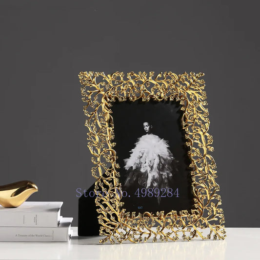 DecorBites™ Golden Leaves Metal Photo Frame: Modern Home Decor & Picture Display