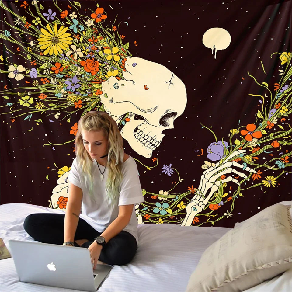 Nordic Skull Astronaut Tapestry Moon Star Wall Hanging Blanket Decobites