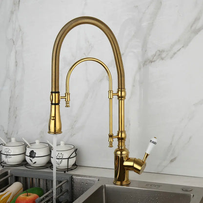 Grifo mezclador giratorio para lavabo de cocina DecorBites™ dorado con resorte extraíble
