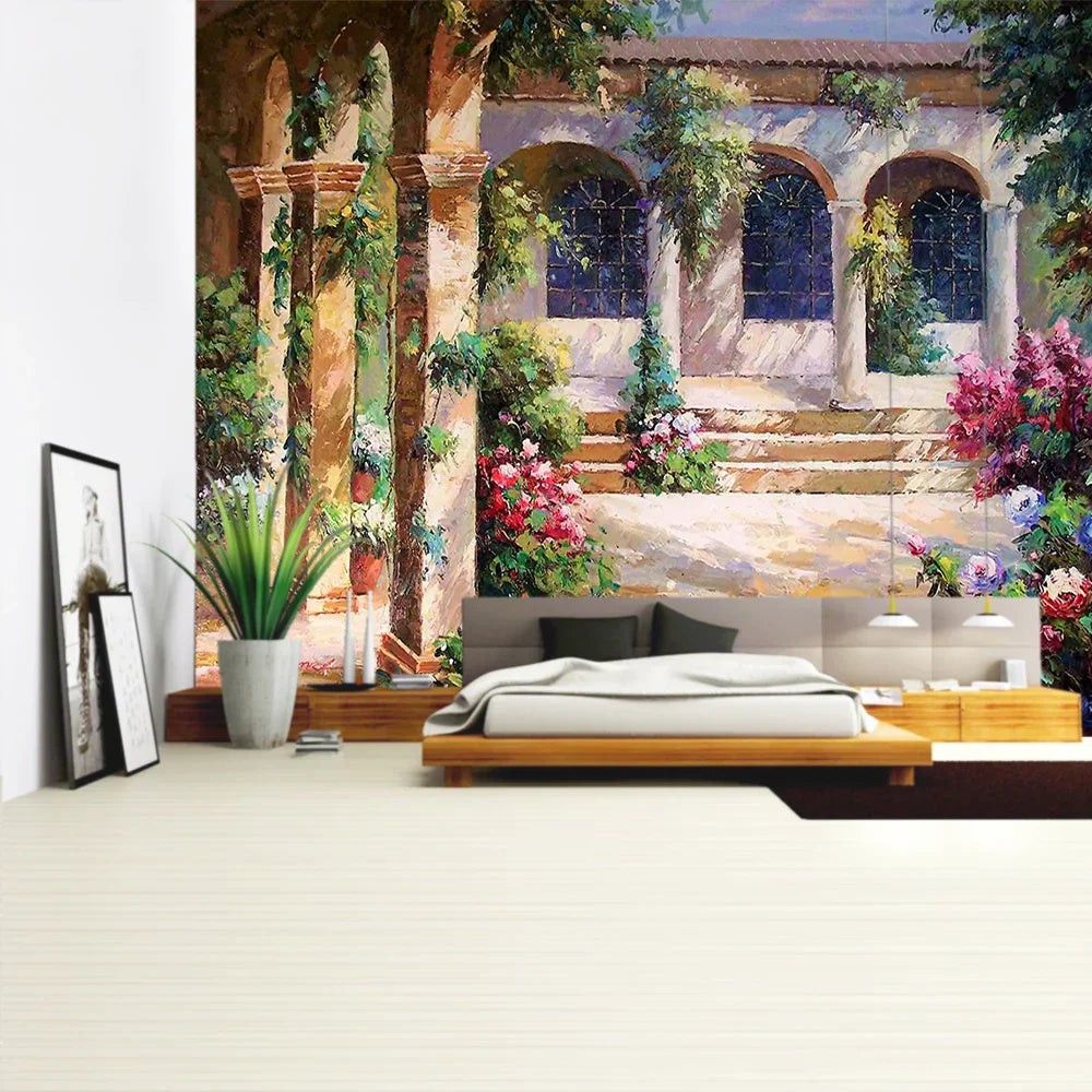 Tapiz DecorBites™ con paisaje de plantas verdes | Tapiz bohemio para pared en City Castle Hill