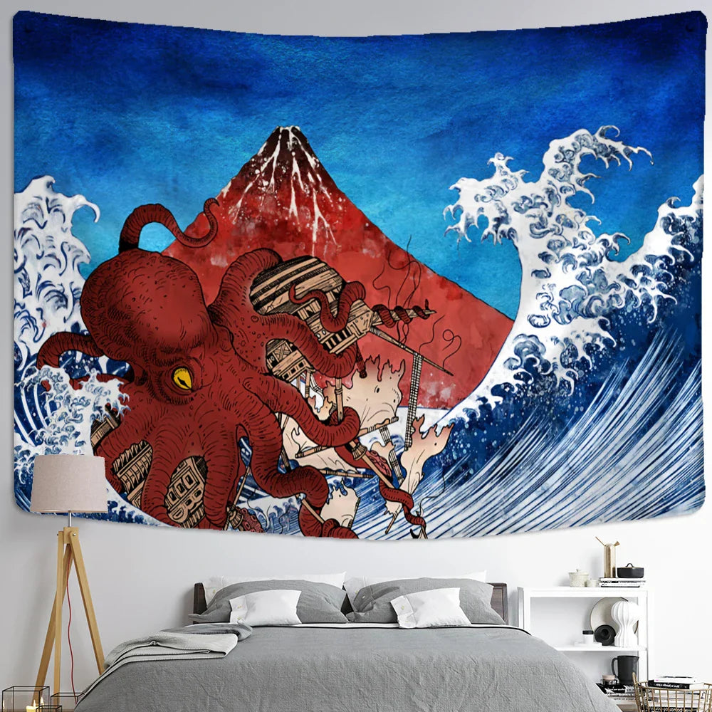 Decobites Kanagawa Waves Oil Painting Tapestry Wall Hanging, Bohemian Style Psychedelic Hippie Art