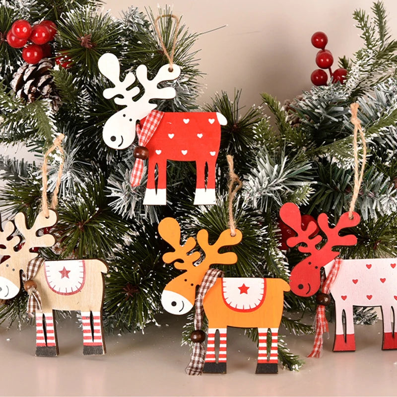 Hand painted deer Christmas Wooden Pendant Elk Xmas Tree Ornaments Hanging Decor DIY Christmas Decorations for Home 2022