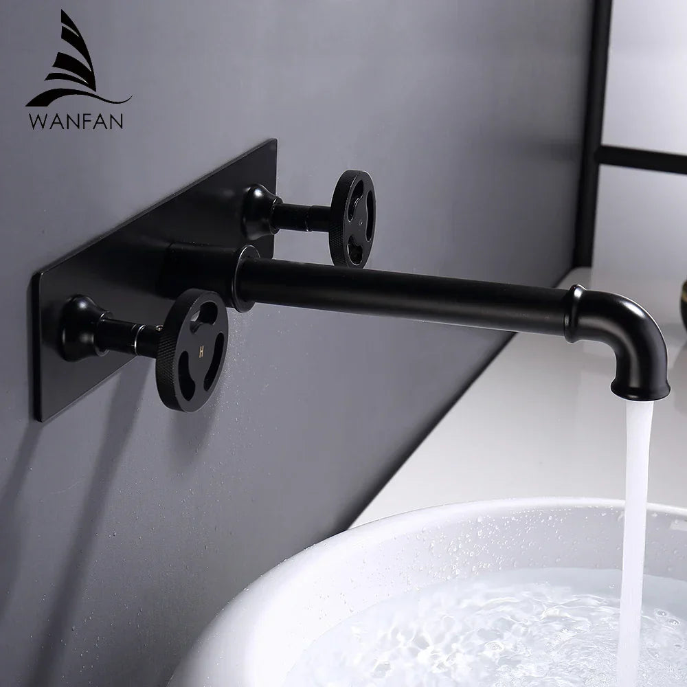 Grifo de lavabo de pared DecorBites™ de estilo industrial, color negro, con doble manija