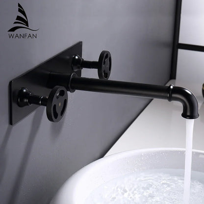 Grifo de lavabo de pared DecorBites™ de estilo industrial, color negro, con doble manija