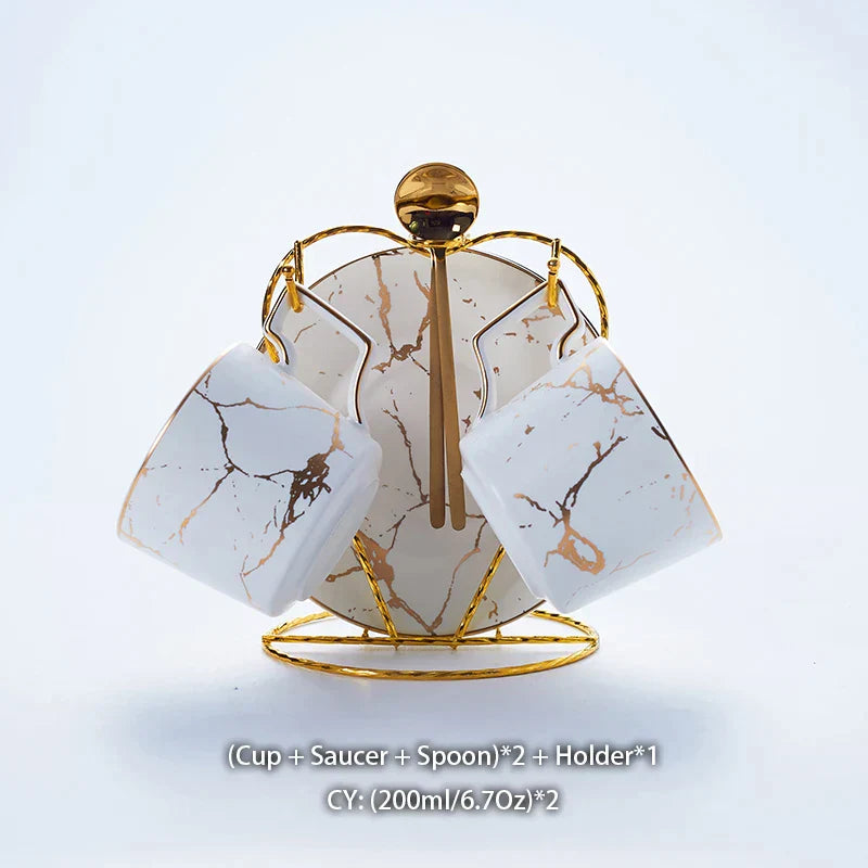 Juego de té DecorBites™ de cerámica de mármol de 200 ml con cuchara y platillo