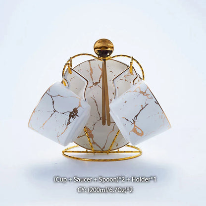 Juego de té DecorBites™ de cerámica de mármol de 200 ml con cuchara y platillo