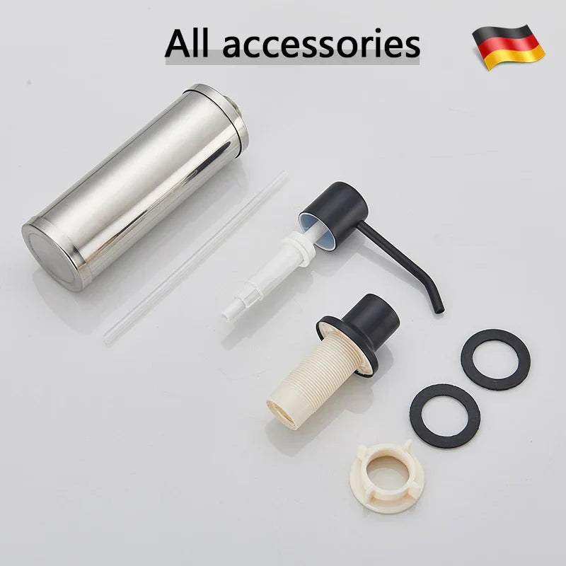 Dispensador de jabón de cocina DecorBites™ de 220 ml, negro, con cabezal de acero inoxidable y botella para detergente líquido en 3 colores.