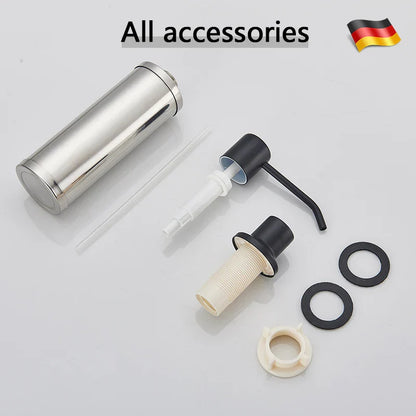 Dispensador de jabón de cocina DecorBites™ de 220 ml, negro, con cabezal de acero inoxidable y botella para detergente líquido en 3 colores.