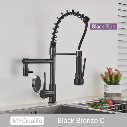 Grifo de cocina DecorBites™ de latón negro con doble caño, rotación de 360°, montaje sobre encimera