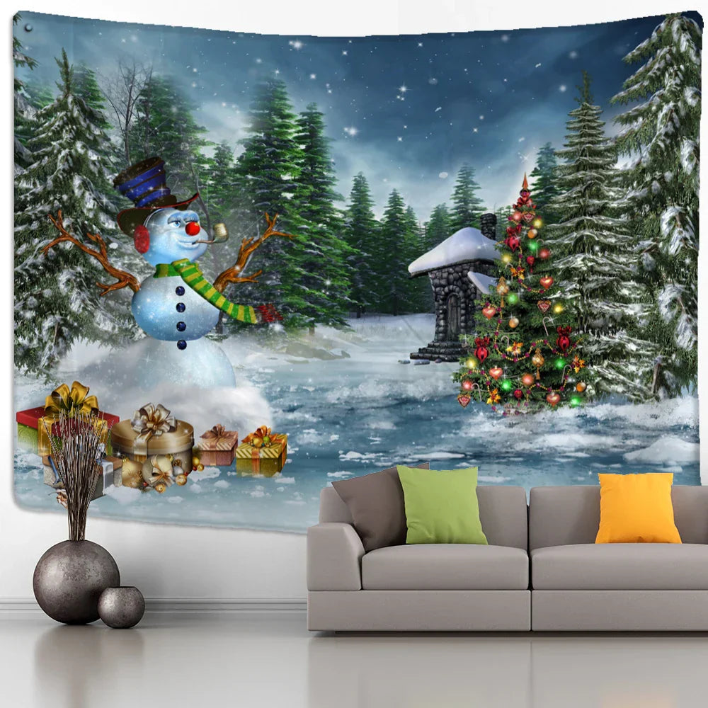 Decobites Christmas Tree Snowman Tapestry - Natural Snow Scene Oil Painting Hippie Decor