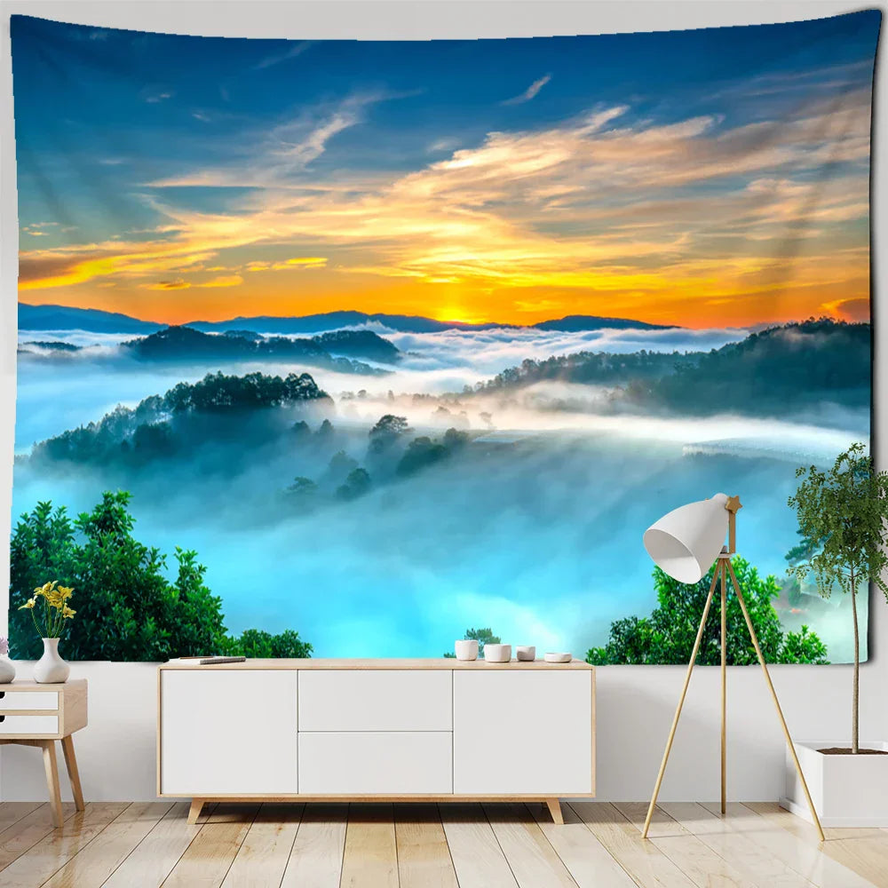 Decobites Sunrise Mountains Rivers Tapestry Wall Hanging Psychedelic Home Decor