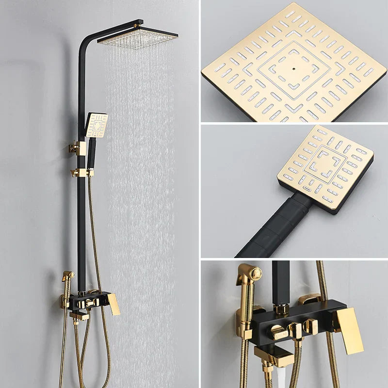 مجموعة حنفية دش DecorBites™ باللون الأسود الذهبي مع وظيفة بيديه، وخلاط مياه الأمطار مثبت على الحائط