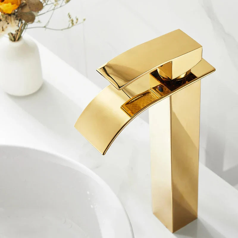 DecorBites™ Gold Waterfall Basin Faucet, Deck Mounted Mixer Tap for Bathroom Sink