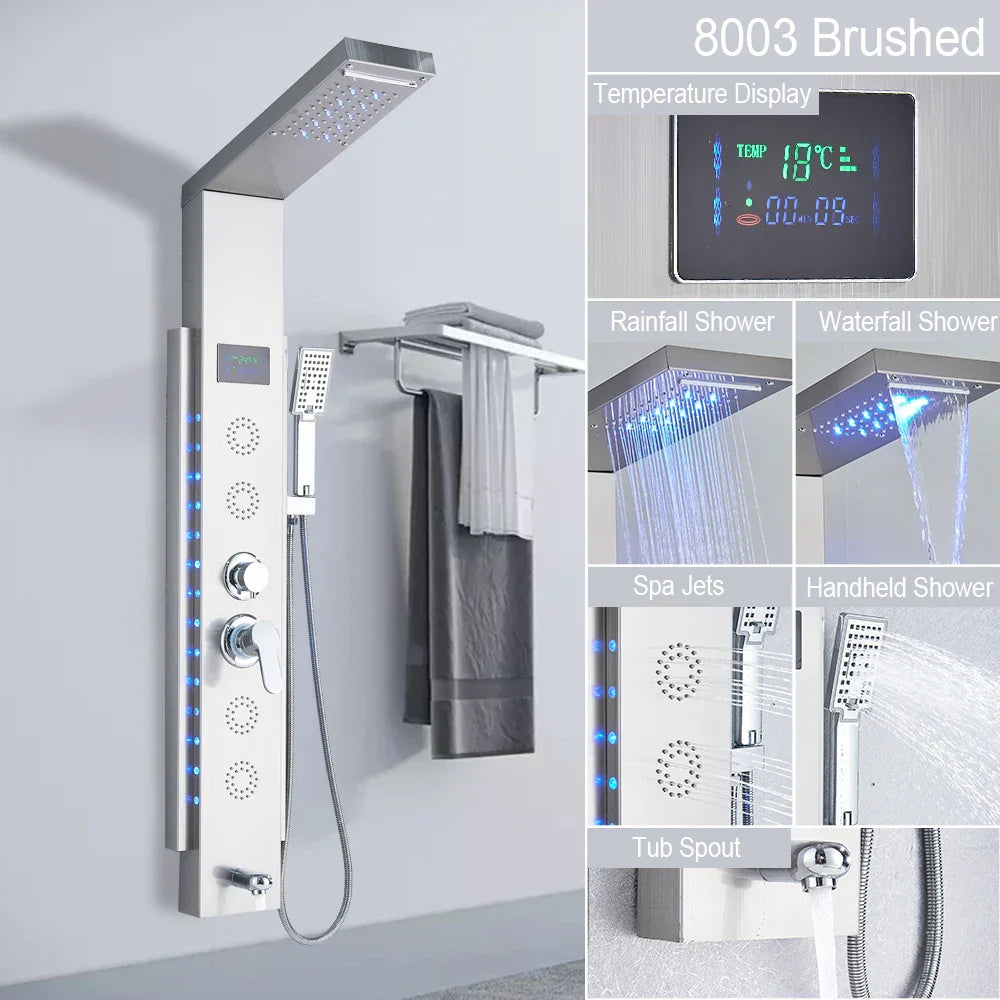 لوحة دش DecorBites™‎ سوداء LED مزودة بخمس وظائف، صنبور حمام مثبت على الحائط - دش بارد وساخن