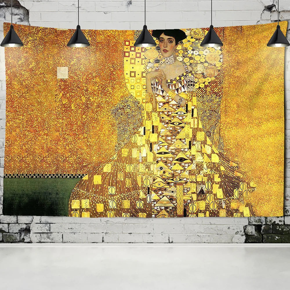 Decorbites™ Tapiz de Pintura al Óleo de Beso Dorado Colgante de Pared Arte Manta en Blanco