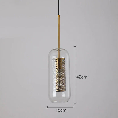 Lámpara colgante DecorBites™ con bola de cristal y malla dorada, estilo industrial para cocina.