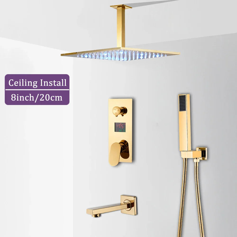 Decorbites™ Grifo de Ducha de Lluvia con Pantalla Digital de 12" en Oro y Control de Palanca Única