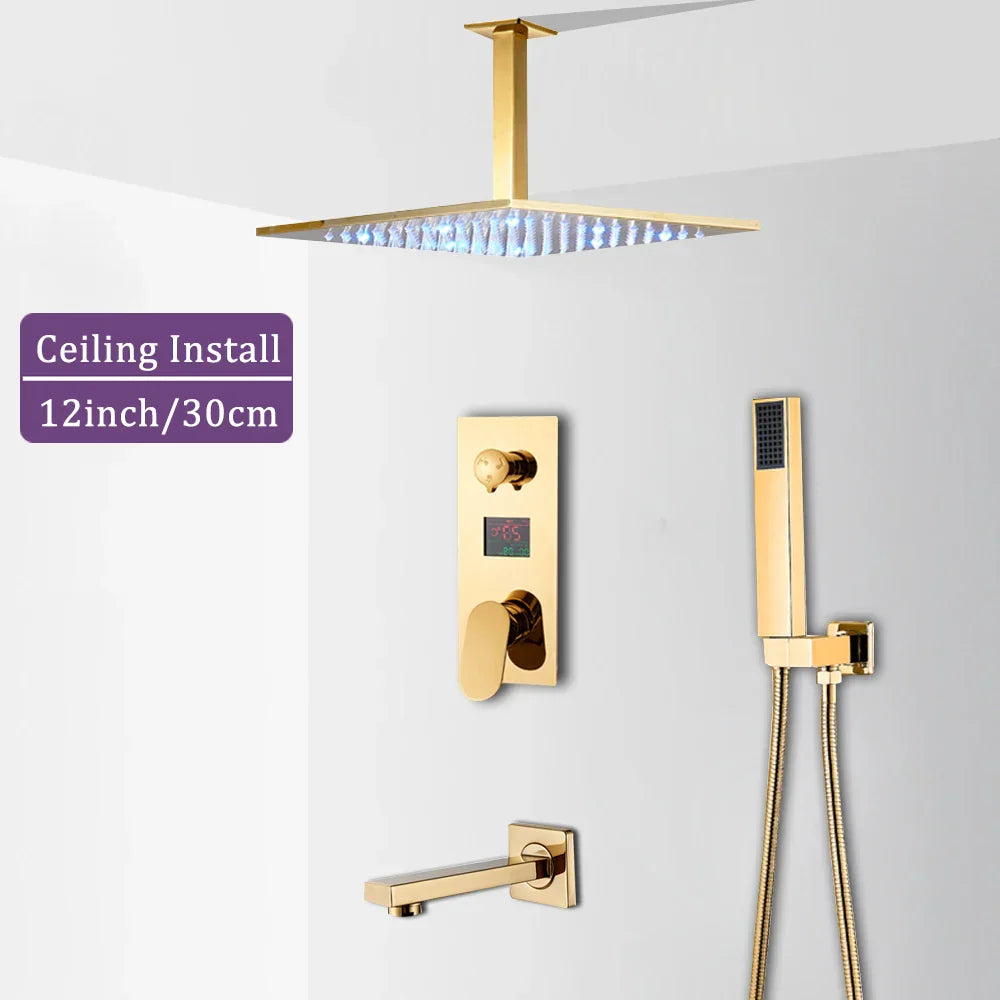 Decorbites™ Grifo de Ducha de Lluvia con Pantalla Digital de 12" en Oro y Control de Palanca Única