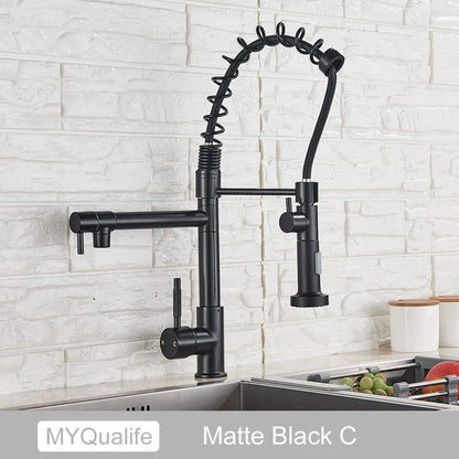 Grifo de cocina DecorBites™ de latón negro con doble caño, rotación de 360°, montaje sobre encimera