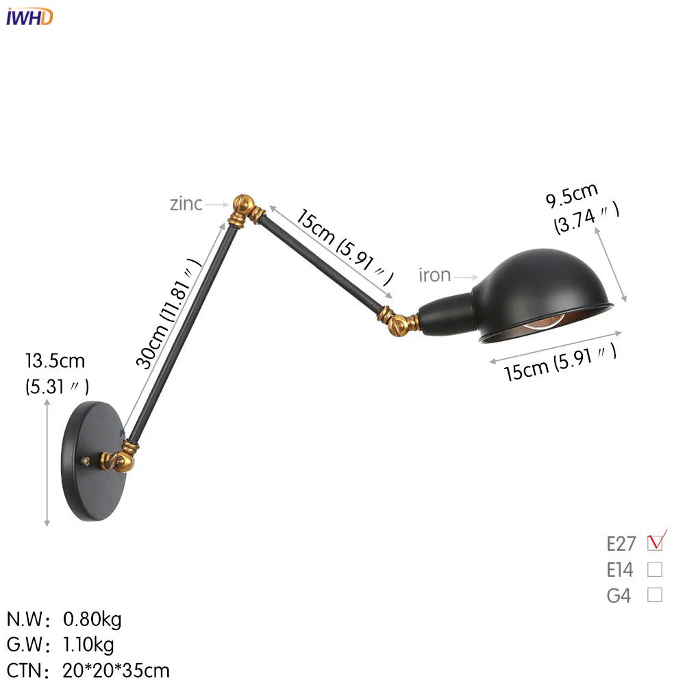 DecorBites™ Loft Antique Edison Wall Sconce Swing Arm Wall Light - 3 Heads Black