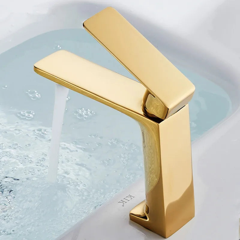 Grifo de Lavabo Gold Basin™ Decorbites: Grifo Mezclador Moderno para Lavabo de Baño, Control de Agua Caliente y Fría