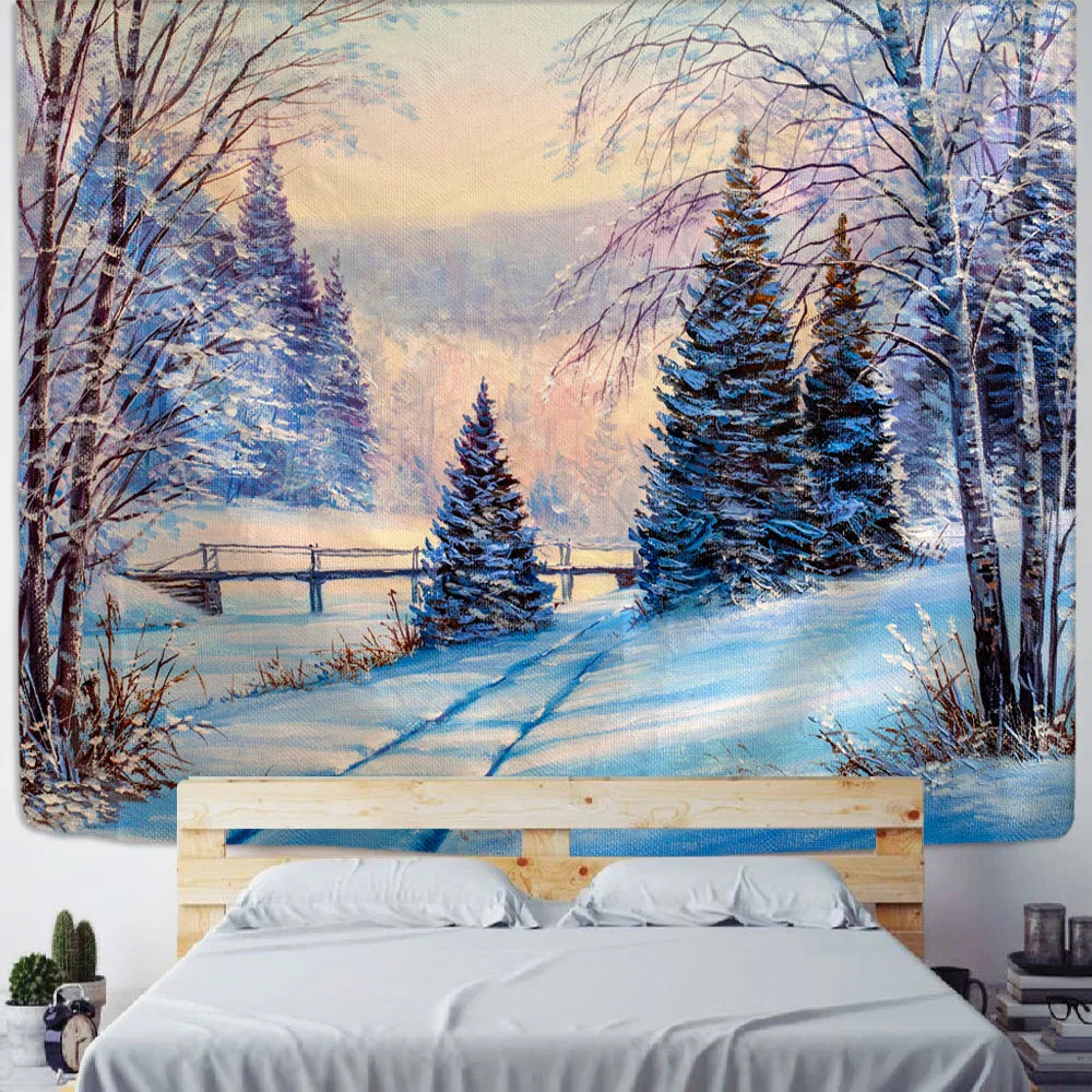 Decobites Christmas Village Wooden House Tapestry Ice and Snow Wall Hanging