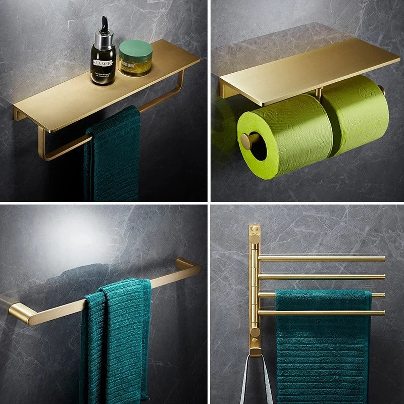 DecorBites™ Brass Bath Hardware Set: Shelf, Towel Rack, Paper & Toilet Brush Holder in Brushed Gold