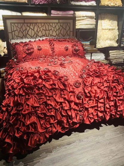 Decobites Jacquard Rose Lace Bedding Set, Luxurious European Style, Red & Champagne