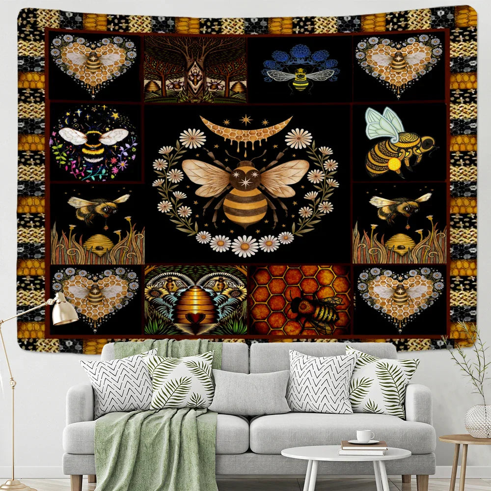 Decobites Psychedelic Bee Tapestry Wall Daisy Flower Home Decor for Bohemian Hippie Vibes