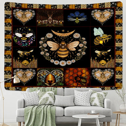 Decobites Psychedelic Bee Tapestry Wall Daisy Flower Home Decor for Bohemian Hippie Vibes