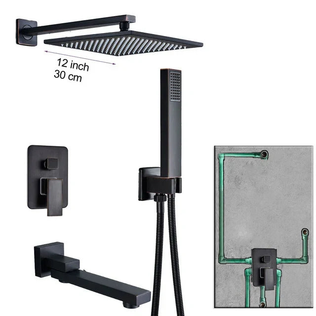 Grifo de ducha DecorBites™ de latón negro con mezclador de 2 vías, teleducha y rociador tipo lluvia