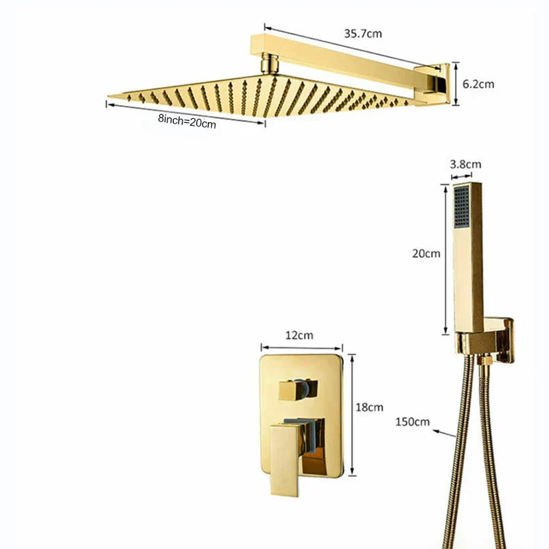 مجموعة دش الحمام الذهبية DecorBites™ مع رأس دش مطري مربع وحنفيات خلاط مخفية