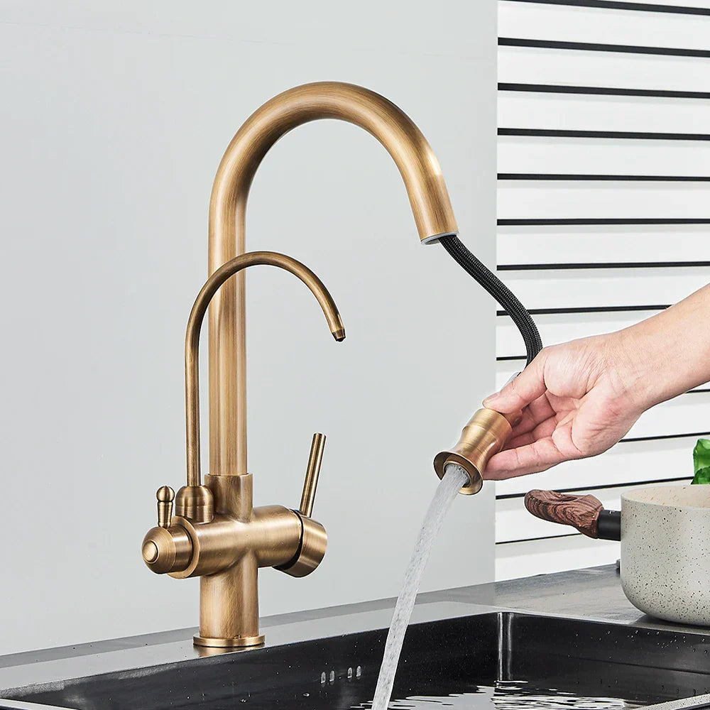 Decorbites™ Zweihand-Messing-Wasserfilter-Küchenarmatur mit herausziehbarer Reinigungsfunktion